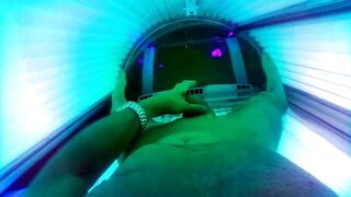 Big white cock bursting in tanning bed squirt messy solo play