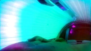 Big white cock bursting in tanning bed squirt messy solo play