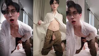 Suit twink swings his cock and drowns your face in cum for cash