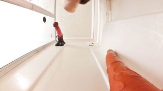 Ramming my ass with monster dildo amped by cum tube anal squirt