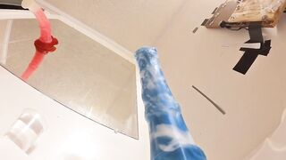 Ramming my ass with monster dildo amped by cum tube anal squirt