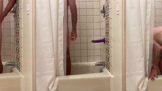 Shower daddy bear gets stuffed with dildo pleasure