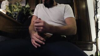 Hung bearded daddy covered in cum while jacking his monster cock