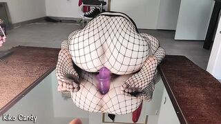 Fishnet femboy’s fat ass stretched raw on monstrous dildos