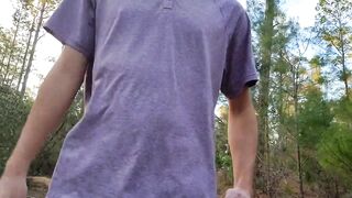 Gay twink strips slow in forest thong getting cummed on his solo