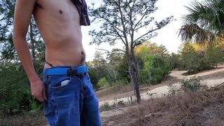 Gay twink strips slow in forest thong getting cummed on his solo