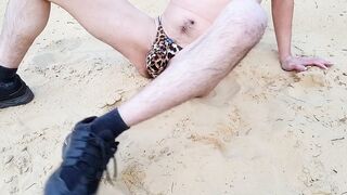 Gay twink strips slow in forest thong getting cummed on his solo