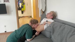 Friend deepthroats my big cock for the first time caught on film