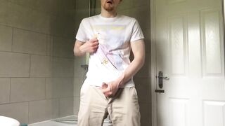 Busted in my clothes British twink strokes his foreskin to a big messy cum load