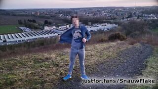 Straight man jerks his massive cock outside for a challenge gets caught