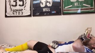 Gay soccer stud wrecked by thick cum load in nike pro shorts while moaning loud