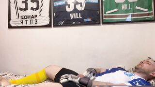 Gay soccer stud wrecked by thick cum load in nike pro shorts while moaning loud