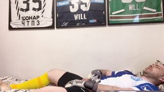 Gay soccer stud wrecked by thick cum load in nike pro shorts while moaning loud