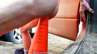 Stretched Raw Deep Anal Cone Toy Outside At Work