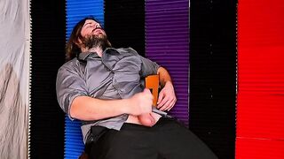 Solo male sensually cums on suit while shaking thighs and dirty talking
