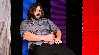 Solo male sensually cums on suit while shaking thighs and dirty talking