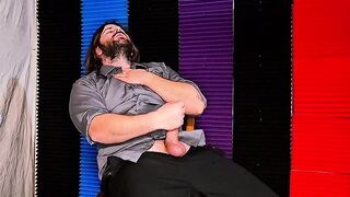 Solo male sensually cums on suit while shaking thighs and dirty talking