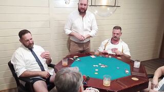 Strip poker party turns into a hairy gay orgy with bareback daddy breed