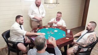 Strip poker party turns into a hairy gay orgy with bareback daddy breed