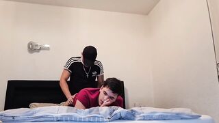 Smoking while his tight gay boy gets fucked bareback raw
