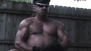 Gay muscle daddy strokes hard leather hands public load