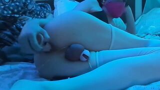 Sissy femboy's tight ass pounded raw by huge dildo gagging on cock