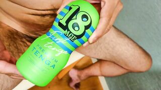 Gay Japanese solo jerking with tenga premium massive gushing orgasm