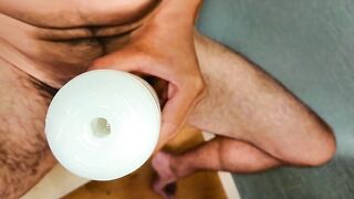 Gay Japanese solo jerking with tenga premium massive gushing orgasm