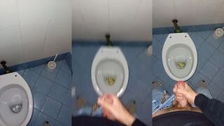 Young guy gets filthy in public toilet pounding his tight blue jeans