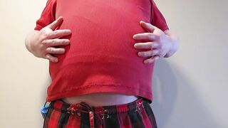 Big red balloon blown by gay belly fetish inflation