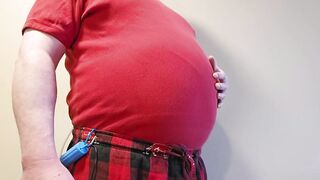 Big red balloon blown by gay belly fetish inflation