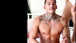 Drinking Latino piss as Brazilian man's human urinal worships Asian twink