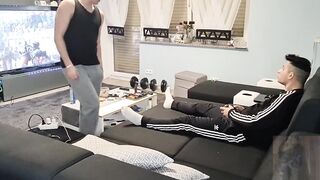 My boy sucks my cock while gaming then gobbles up my thick cum