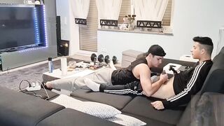 My boy sucks my cock while gaming then gobbles up my thick cum