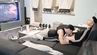 My boy sucks my cock while gaming then gobbles up my thick cum