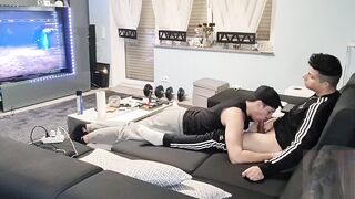 My boy sucks my cock while gaming then gobbles up my thick cum