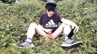 French-Asian twink strokes his shaved cock outside thick cum drips everywhere