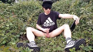 French-Asian twink strokes his shaved cock outside thick cum drips everywhere