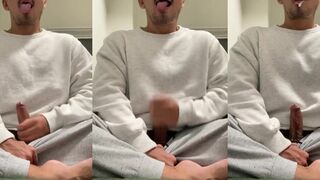Japanese hunk whacks massive dick at 4 am and guzzles his own cum milk