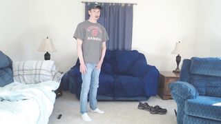Muscular twink striptease drips cum all over his shaved pussy while jacking off with a dildo