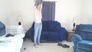 Muscular twink striptease drips cum all over his shaved pussy while jacking off with a dildo