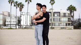 Chinese boys feast on sloppy coughed cum while stripping outside snowballing