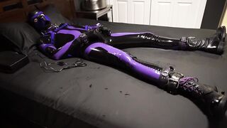 Rubber suit puppy boy gets electro shocked while jacking off until he gushes cum