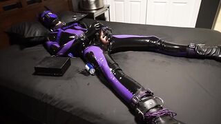 Rubber suit puppy boy gets electro shocked while jacking off until he gushes cum