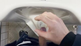 Married Japanese salaryman wanks in toilet glutting thick cum all over his filthy hands during picnic