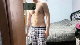 Muscular gym trainer shows off his big hard dick after workout drip with hot cumshot