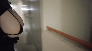 Public carpark sissy enamel black nurse masturbates on staircase dildo