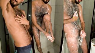 Brazilian hairy latino hottie wanks big uncensored cock in shower