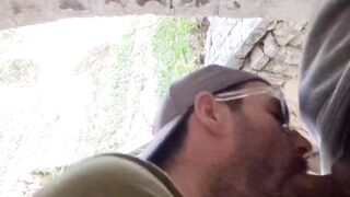 Tourist gets his big cock sucked outdoors then ruined by thick cum