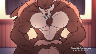 Muscle werewolf daddy roughs hairy dick into trembling gay furry